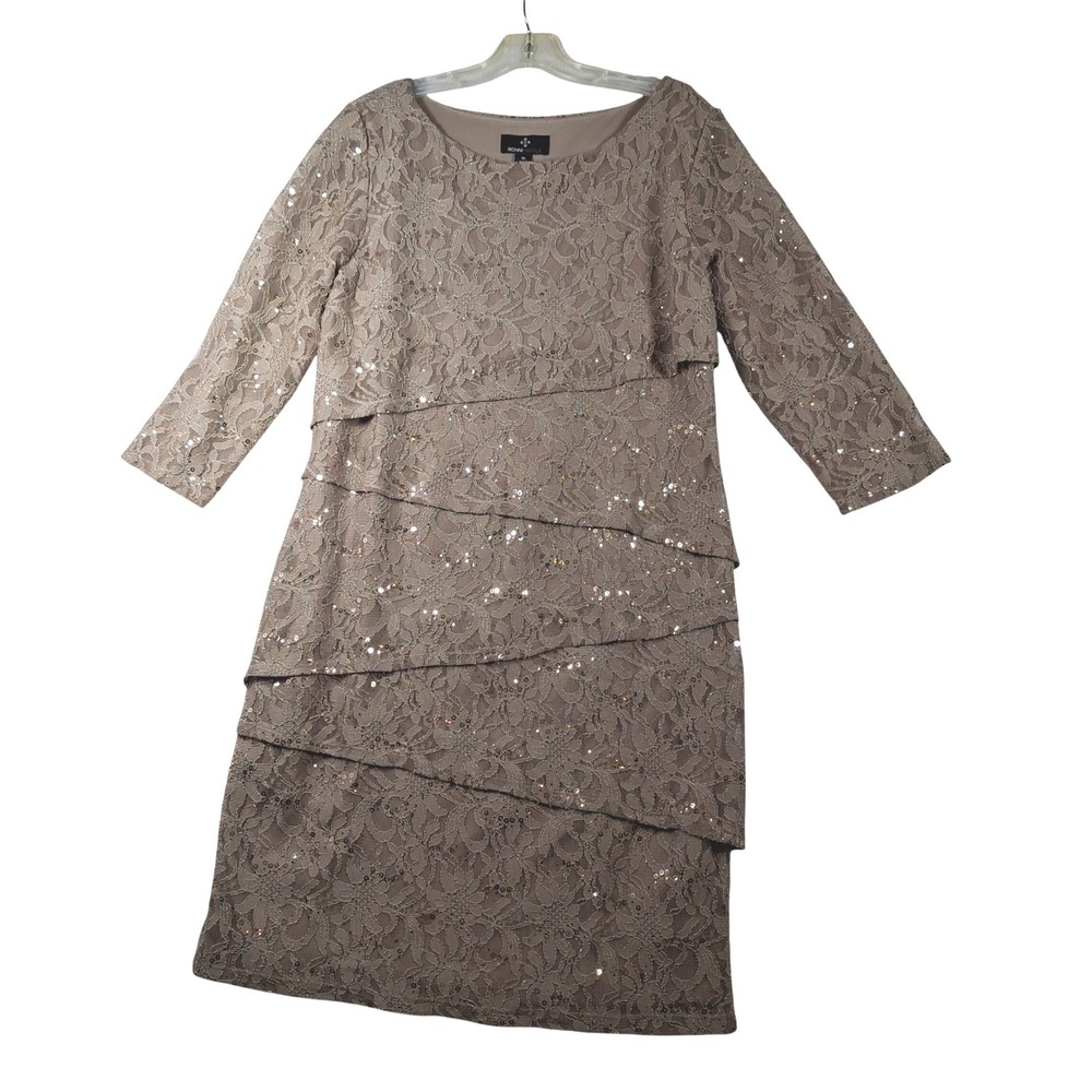 RONNI NICOLE  Floral Lace & Sequin Taupe Evening Formal Tiered Sheath Dress  16